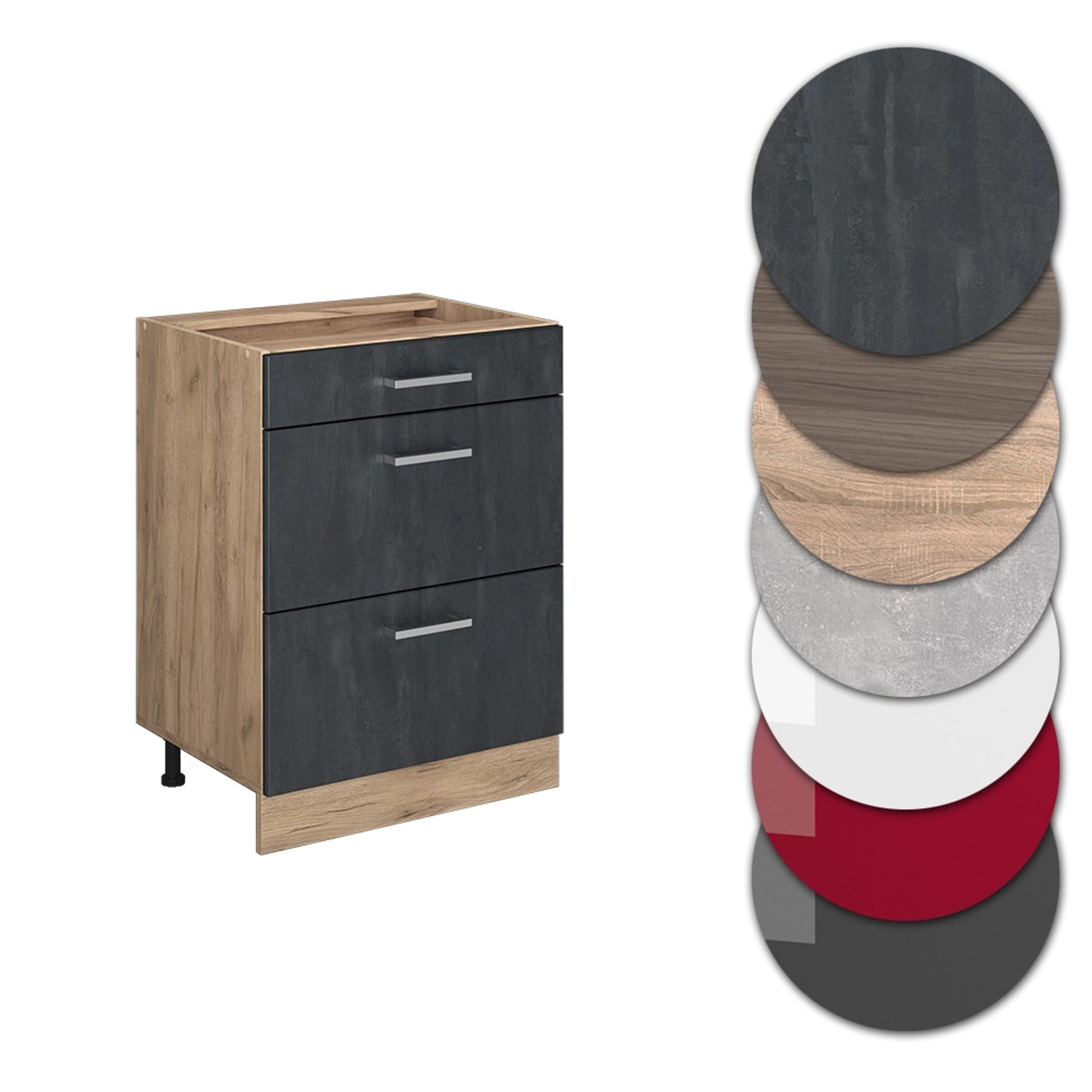 Vicco Küchenunterschrank R-Line, Schubladenfront in Schwarz Beton, Korpus in Goldkraft Eiche, 60 cm breit.