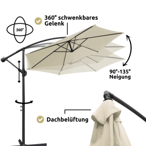deluxe4home Ampelschirm, creme, mit 360° Gelenk und Neigungsfunktion für flexiblen Sonnenschutz.
