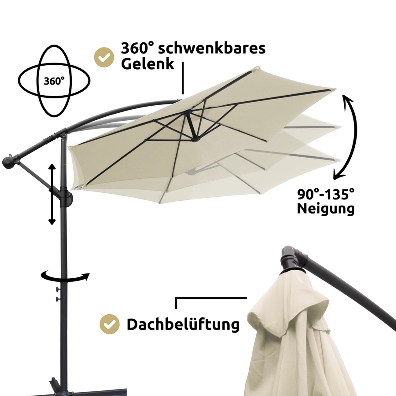 deluxe4home Ampelschirm, creme, mit 360° Gelenk und Neigungsfunktion für flexiblen Sonnenschutz.