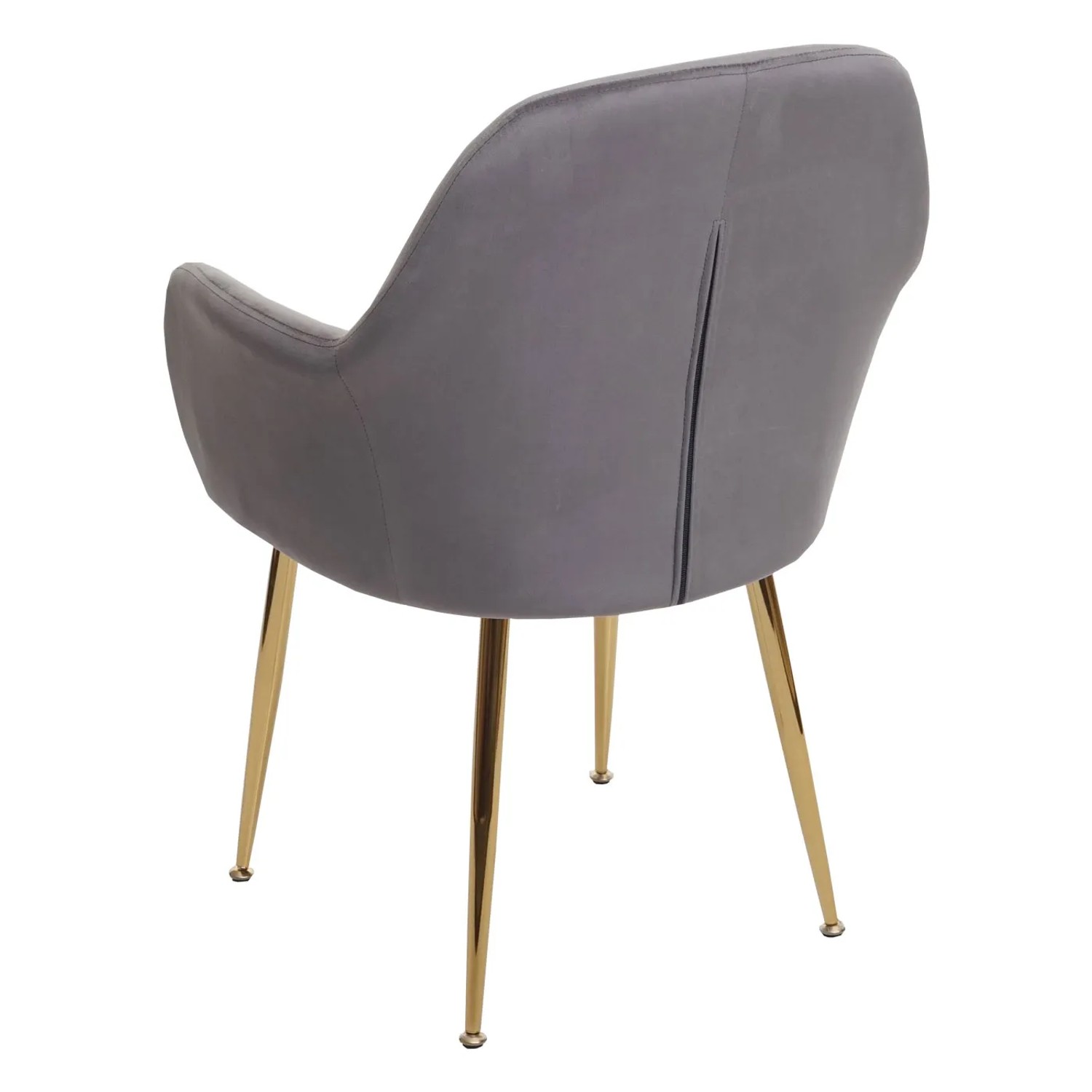 6er-Set graue Samt Esszimmerstühle mit goldenen Beinen, Rückansicht.