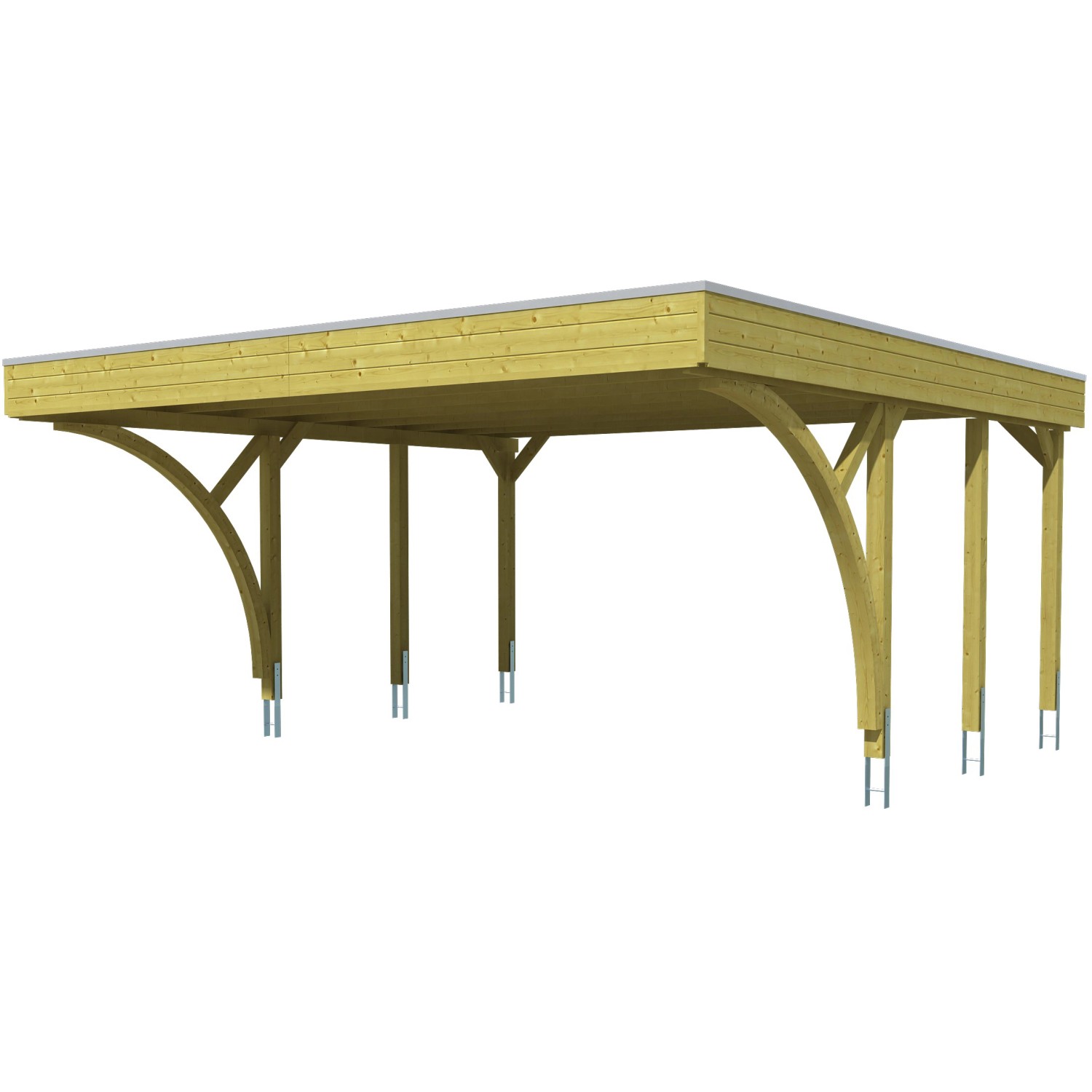 Skan Holz Carport Friesland Set: Doppelcarport aus Holz mit Aluminiumdach und sechs Pfosten.