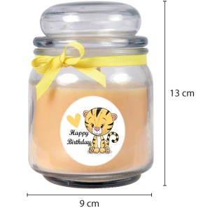Gelbe HS Candle Duftkerze im Bonbonglas mit Geburtstagsmotiv und Vanilleduft.