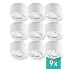 9er Set: Dimmbare LED Aufbauspots Lile S, warmweiß, Alu weiß. Lampen für Innenräume.