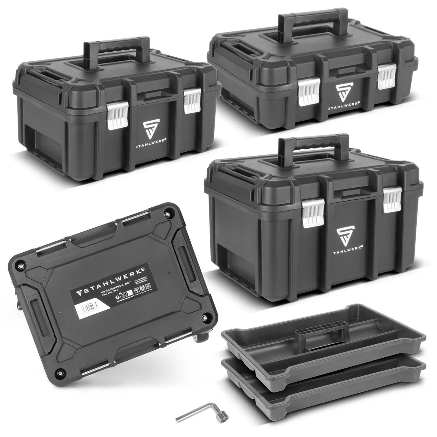 STAHLWERK Werkzeugtrolley mit 3 Systemboxen, Rollbrett, Kleinteile-Organizer und Inbusschlüssel.