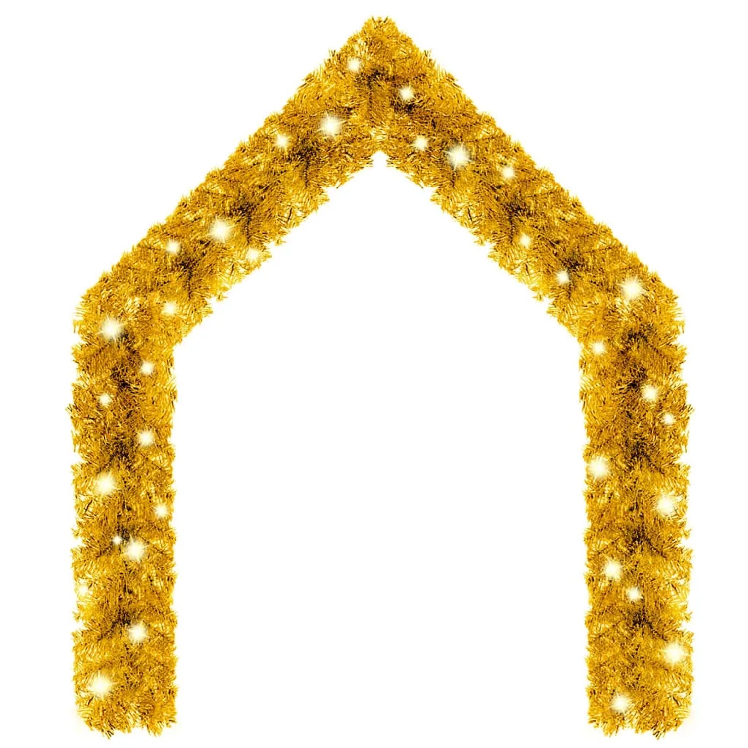 Goldene LED-Weihnachtsgirlande mit warmweißen Lichtern, als festlicher Bogen arrangiert. Ideal für Dekoration.
