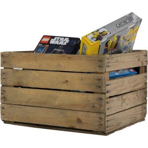 Holz-Allzweckkiste Vintage Kiefer (30x40x50cm) gefüllt mit Spielzeug.