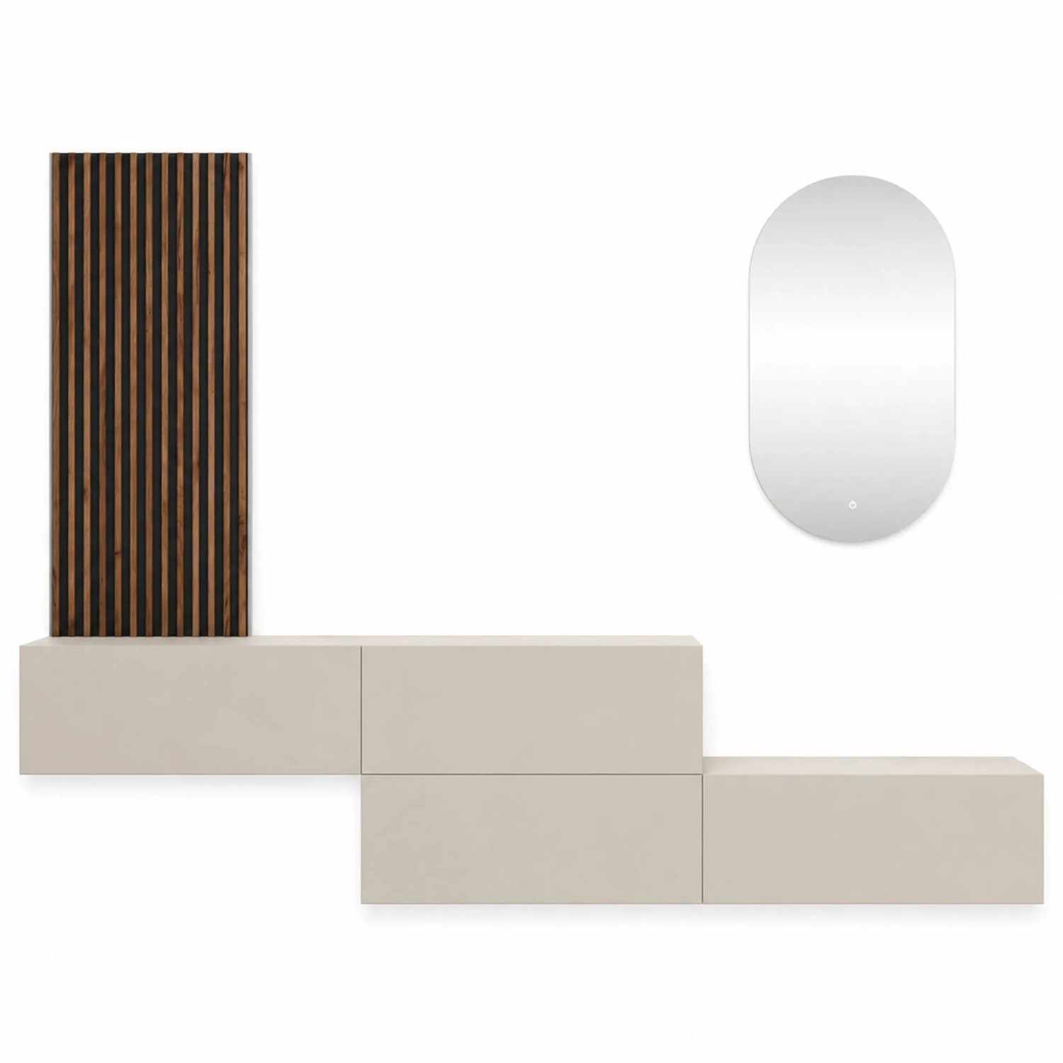 Planetmöbel Flurgarderobe Set 2 x 160 cm Kaschmir mit Wandpaneel und LED Spiegel Dimmbar