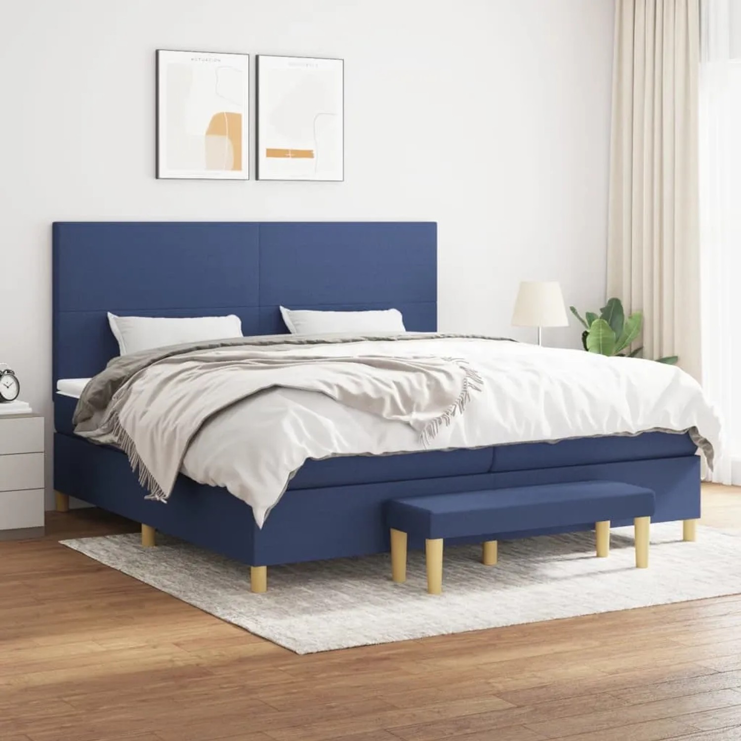 Blaues vidaXL Boxspringbett (200x200 cm) mit Matratze, Kopfteil und Bank.