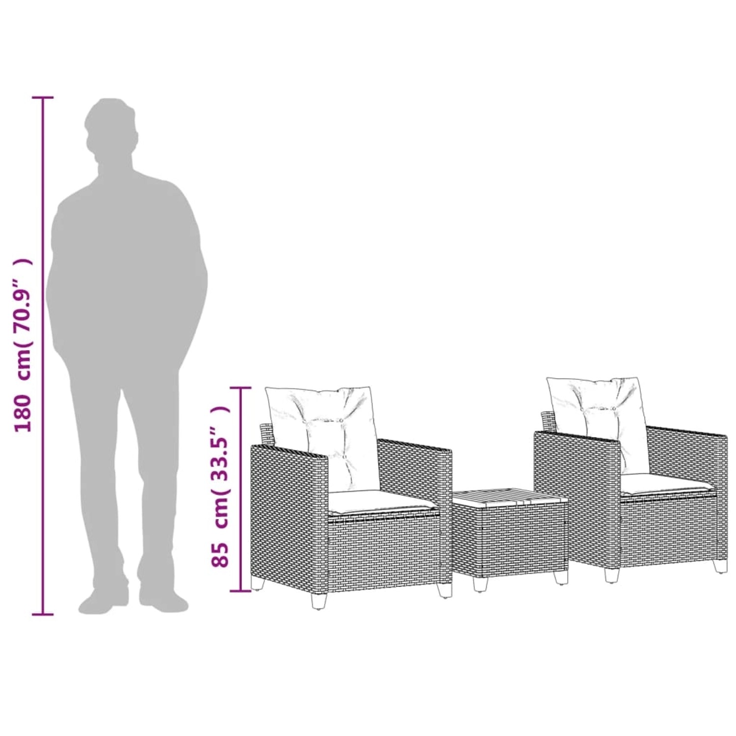 Schwarzes 3-tlg. Bistro-Set aus Poly Rattan und Akazienholz mit Kissen für Garten oder Balkon.