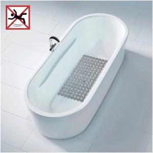 Graue Wenko Wanneneinlage Belem (67,5x36cm) in Badewanne mit Anti-Rutsch Symbol für mehr Sicherheit.