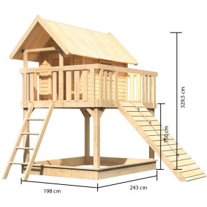 Karibu Stelzenhaus Fidel mit Holzrampe, naturbelassen, Leiter und Sandkasten. Spielturm aus Holz.