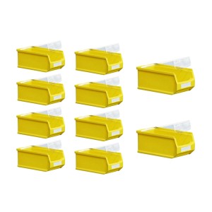 Sparset: 10 gelbe Sichtlagerboxen 0,8L mit Abdeckung, ideal für Werkstatt und Lager.