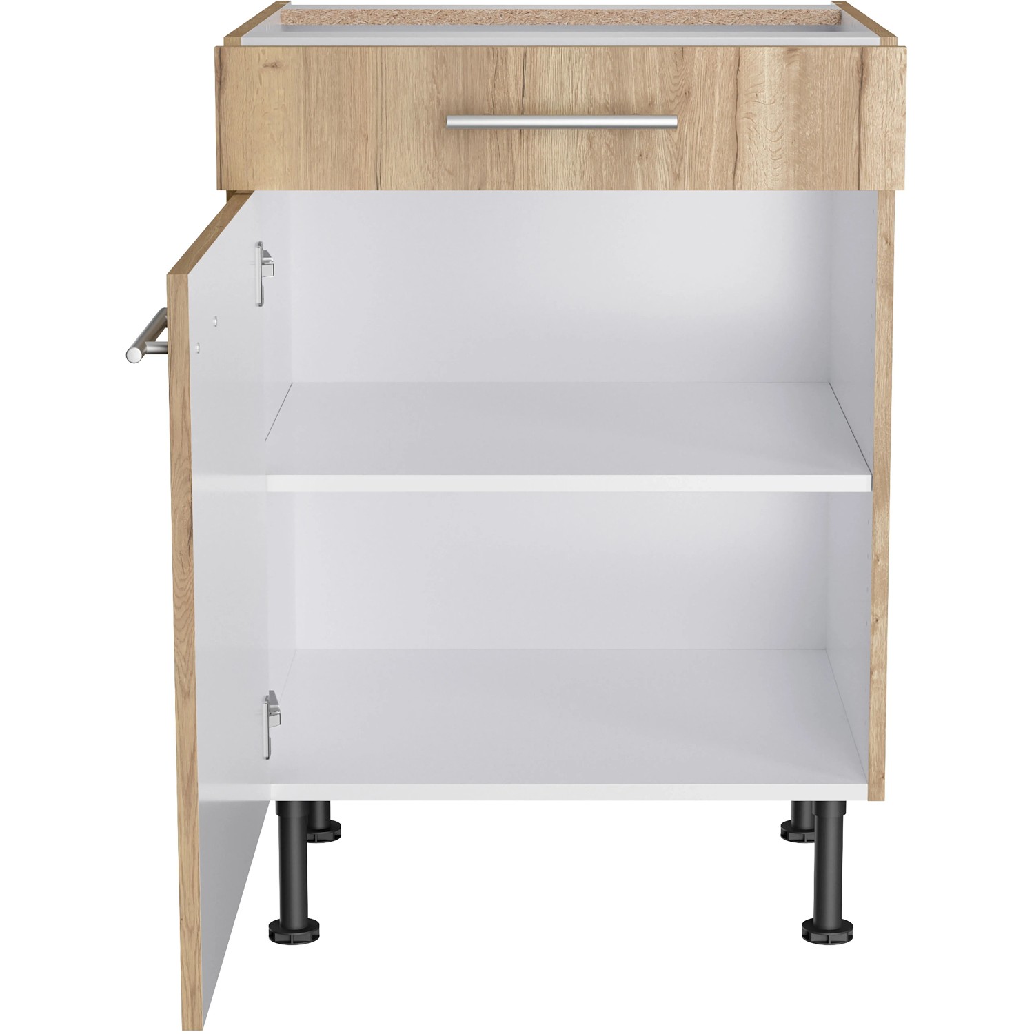 Optifit Unterschrank Erik290 in Wildeiche, 60 cm breit, mit Schublade, Tür und Einlegeboden.