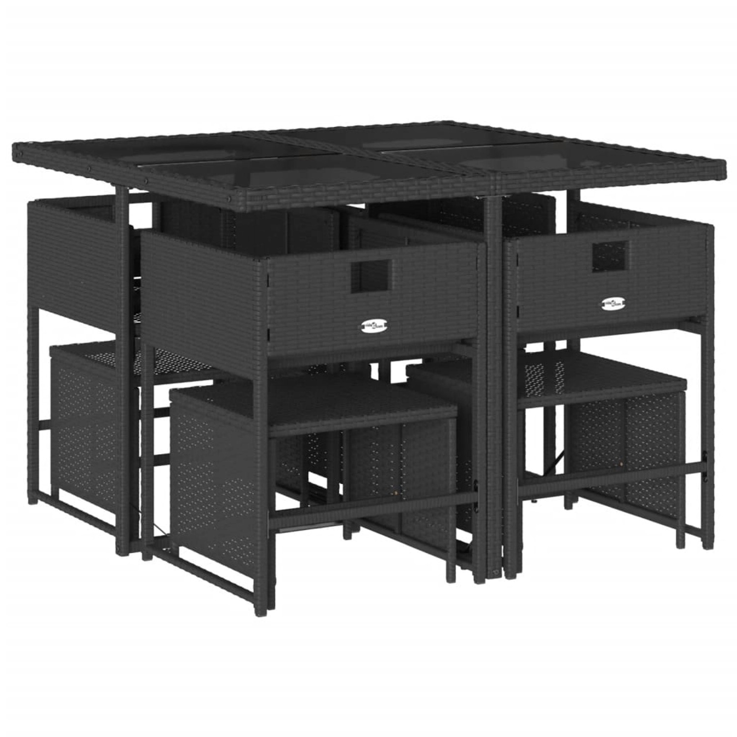 Schwarze 9-tlg. Garten Essgruppe aus Polyrattan mit Glasplatte und Kissen.