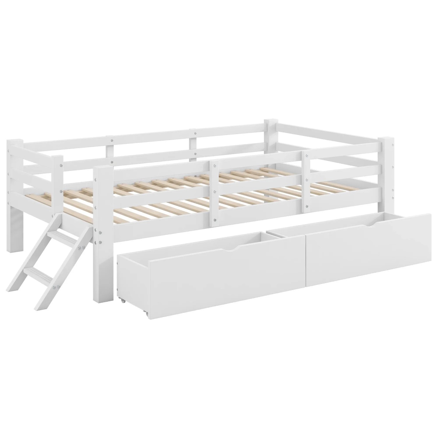 Merax Plattformbett 90x200 cm Holz mit Schutzgeländer 2 Schubladen Weiß