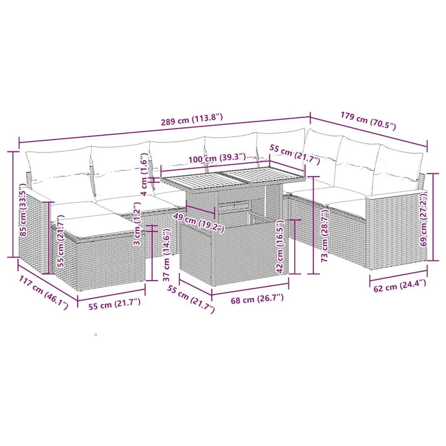 Beige 9-teilige Garten-Sofagarnitur aus Polyrattan mit Akazientisch und Kissen.