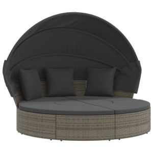 Graues Outdoor-Loungebett mit Dach und Kissen aus Polyrattan für entspannte Stunden im Freien.