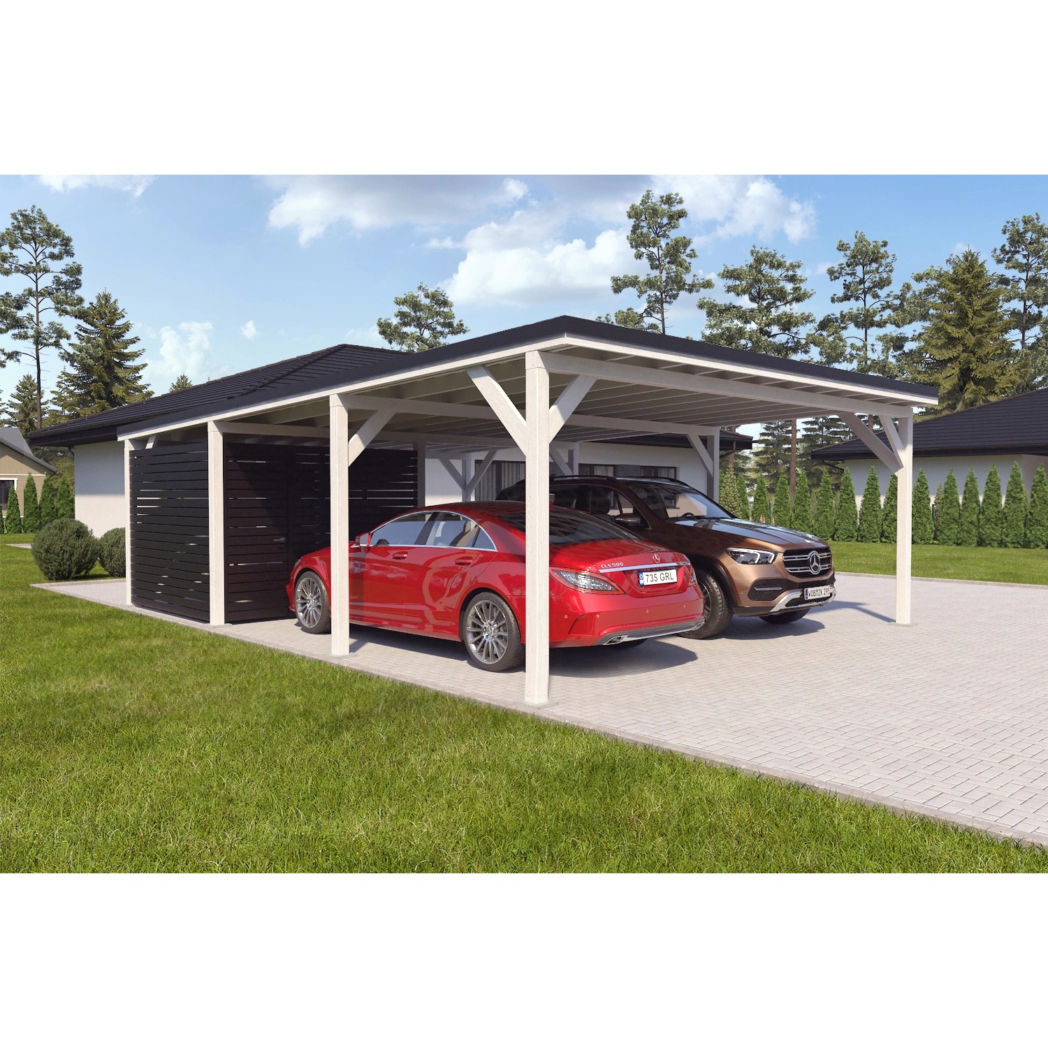 Holzbrüder Carport Ralf 52m² mit kl. Geräteraum Weiß-Schwarz günstig online kaufen