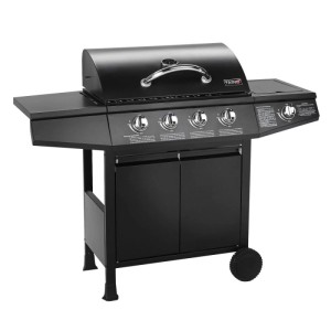 Schwarzer Taino Basic 4+1 Gasgrill mit 4 Brennern, Seitenkocher, Seitenablagen und Unterschrank auf Rollen.