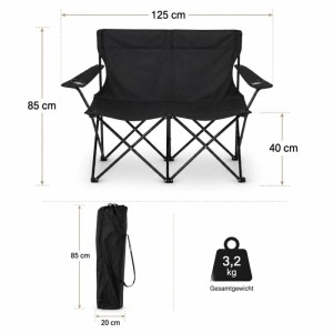 BigDean Campingstuhl 2 Personen Camping Sofa Faltbar Camping Bank Schwarz 2 Getränkehalter Tragetasche Belastbar bis 250 kg Campingstuhl Faltbar