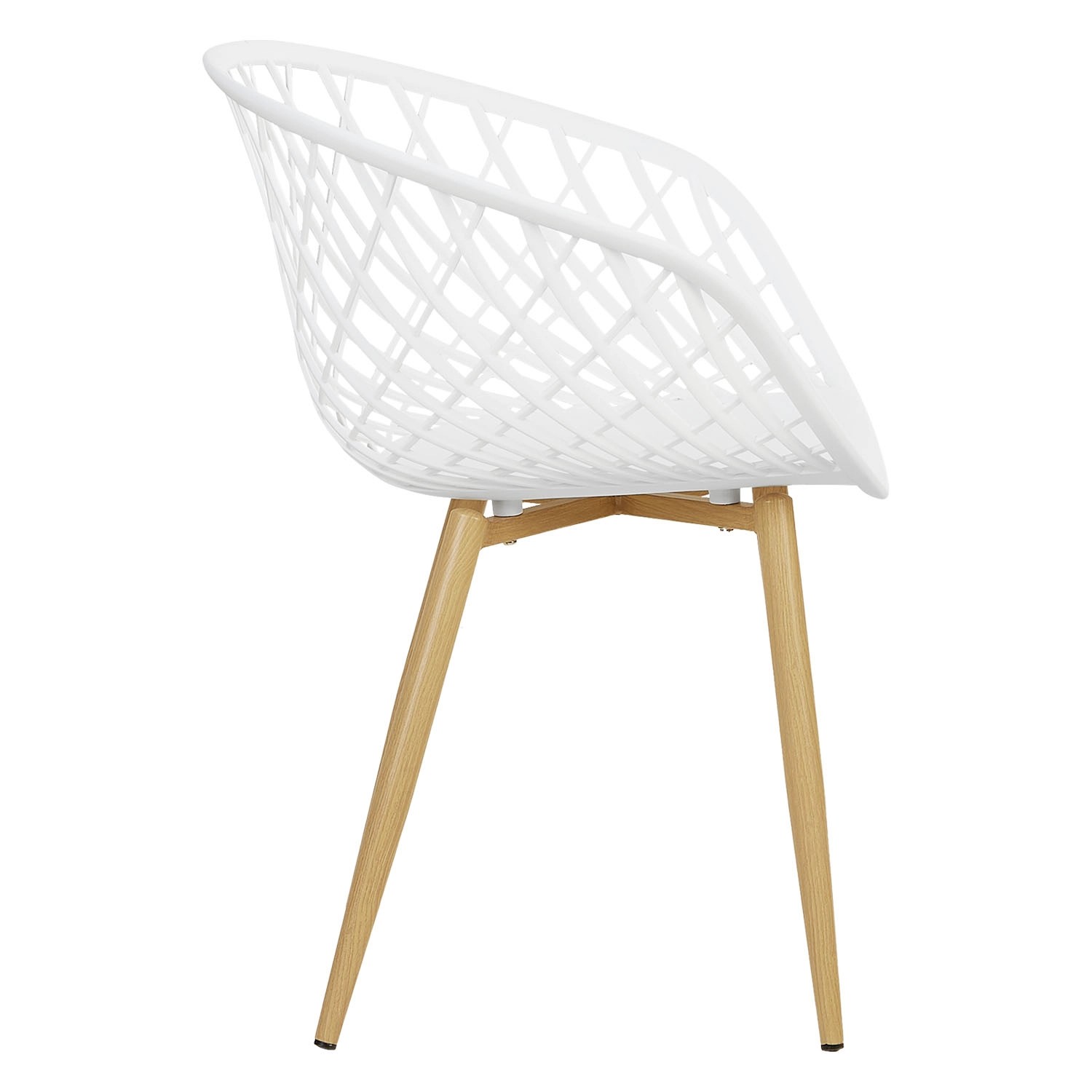 Weißer Gartenstuhl aus Kunststoff mit Holzoptik-Beinen, Teil eines 6er Sets.