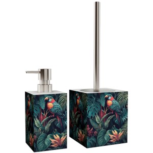 SANILO Bad Set Exotic: Seifenspender und WC-Bürste mit tropischem Papageien-Design.