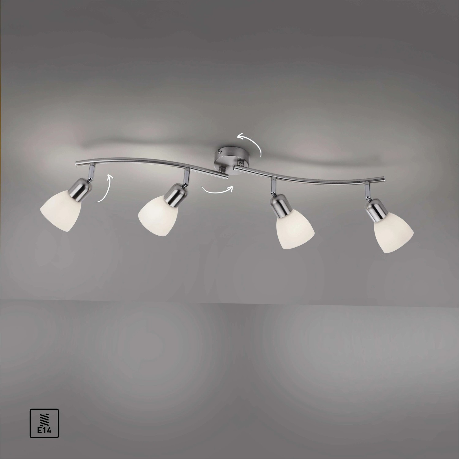 Stahlfarbener Just Light Spot Karo mit vier schwenkbaren Leuchten für E14 Leuchtmittel.