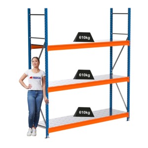 PROREGAL Weitspannregal MAXIMUS PRO Grundregal, blau/orange, mit 3 Stahlplatten-Fachböden und Gewichtsangabe.