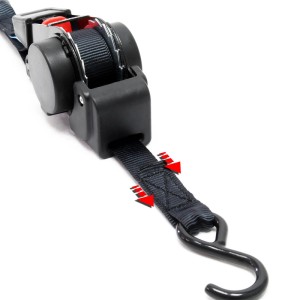 Wiltec Automatik Spanngurt mit Aufrollmechanik, schwarzem Gurtband und S-Haken für Autoanhänger. Ladungssicherung.