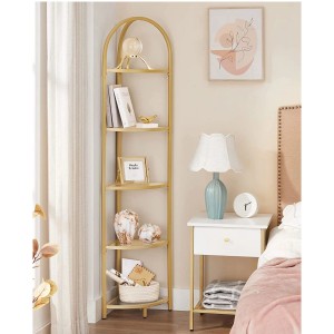 Eckregal mit 5 Ebenen aus Hartglas und goldenem Metallrahmen im Schlafzimmer.