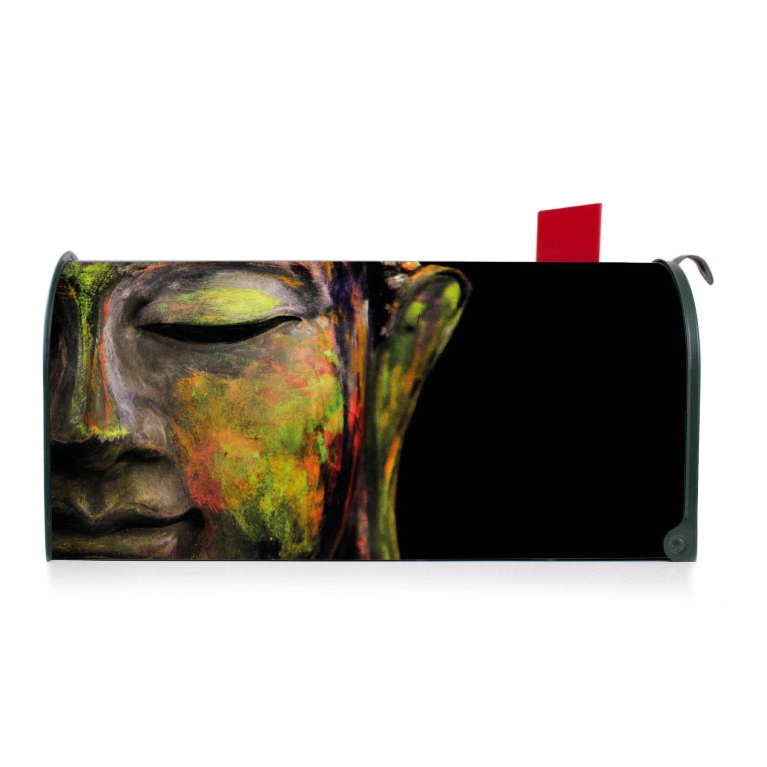 Grüner US Briefkasten mit Buddha Motiv, Stahl pulverbeschichtet, 48x22x16cm.