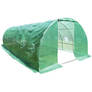 Hattoro Foliengewächshaus mit Stahlrahmen, Gitternetzfolie, 16 Fenstern und Rolltür.