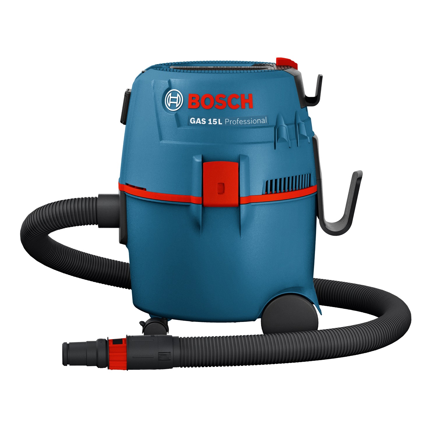 Bosch Professional GAS 20 LSFC Nass- und Trockensauger mit blauem Gehäuse und Zubehör.