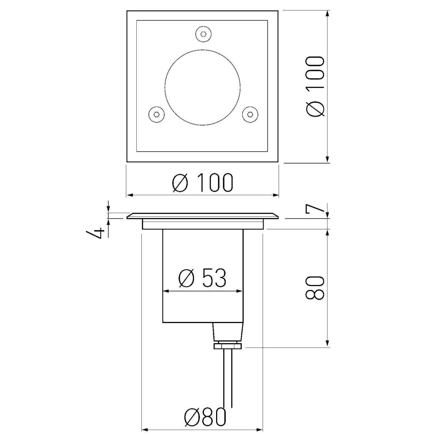 Technische Zeichnung SOTECH Bodeneinbaustrahler ALFA MINI, Edelstahl, eckig, 100x100mm, Maße