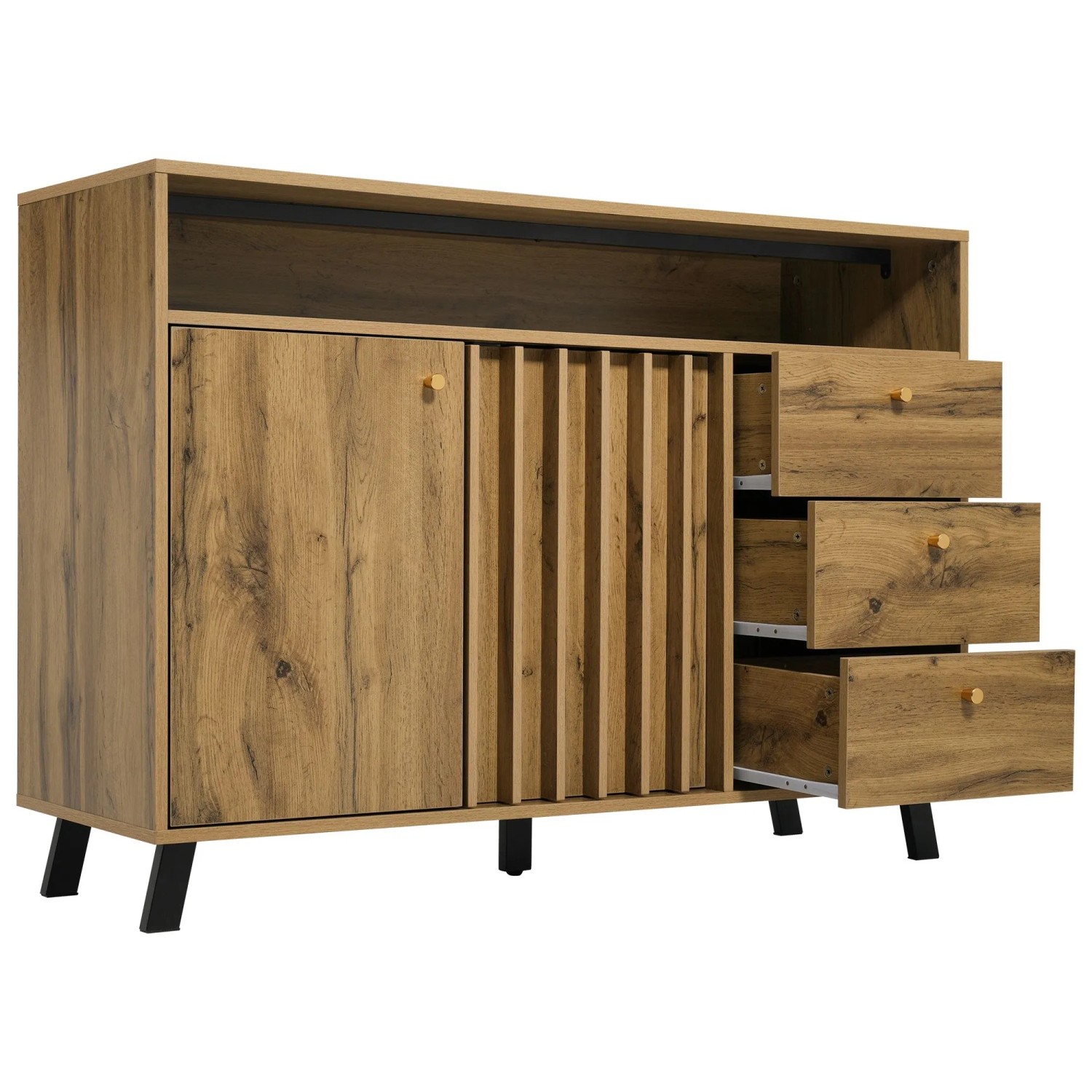okwish Sideboard mit 3 Schubladen 2 Türen Lamellen Design Wohnzimmer 120x40x85cm Dunkel Eiche