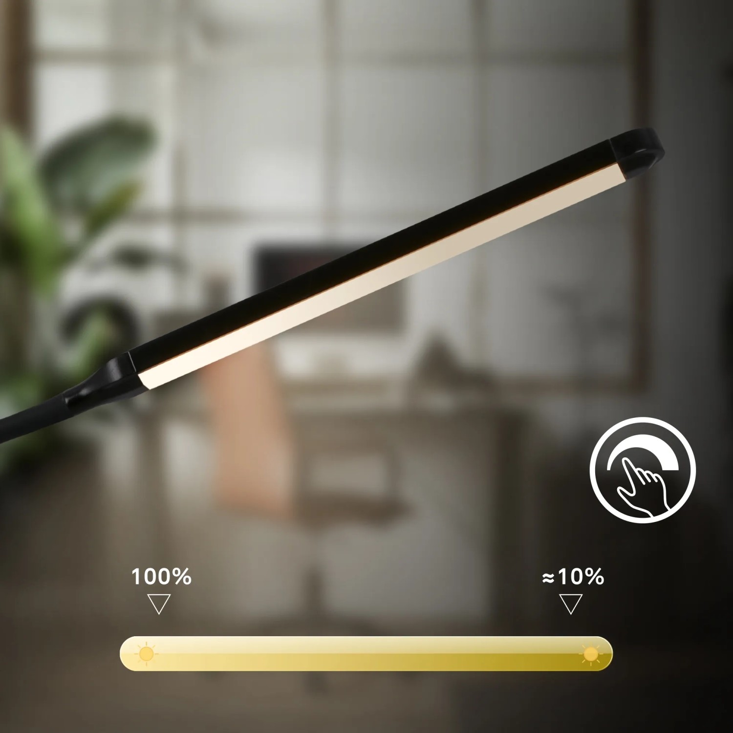 Schwarze Brilo LED-Tischleuchte Mura mit Touchdimmer und schwenkbarem Kopf.
