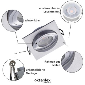 Oktaplex 12er Set Einbaustrahler Aluminium Lyon Schwenkbar für LED-Module Deckenspot Silber Eckig