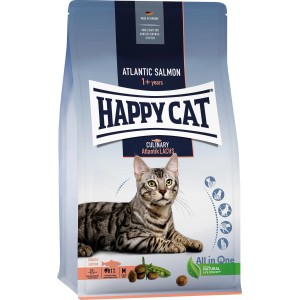 Happy Cat Culinary Adult Atlantik Lachs Katzenfutter, 300g Packung mit Katze.