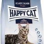 Happy Cat Culinary Adult Atlantik Lachs Katzenfutter, 300g Packung mit Katze.