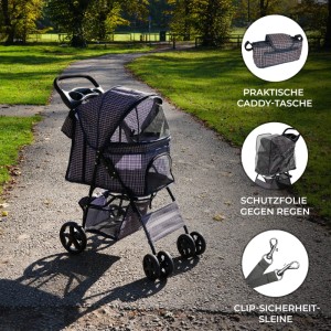Monstershop Haustierwagen mit blauem Tartanmuster, inklusive Regenabdeckung und Fronttasche.