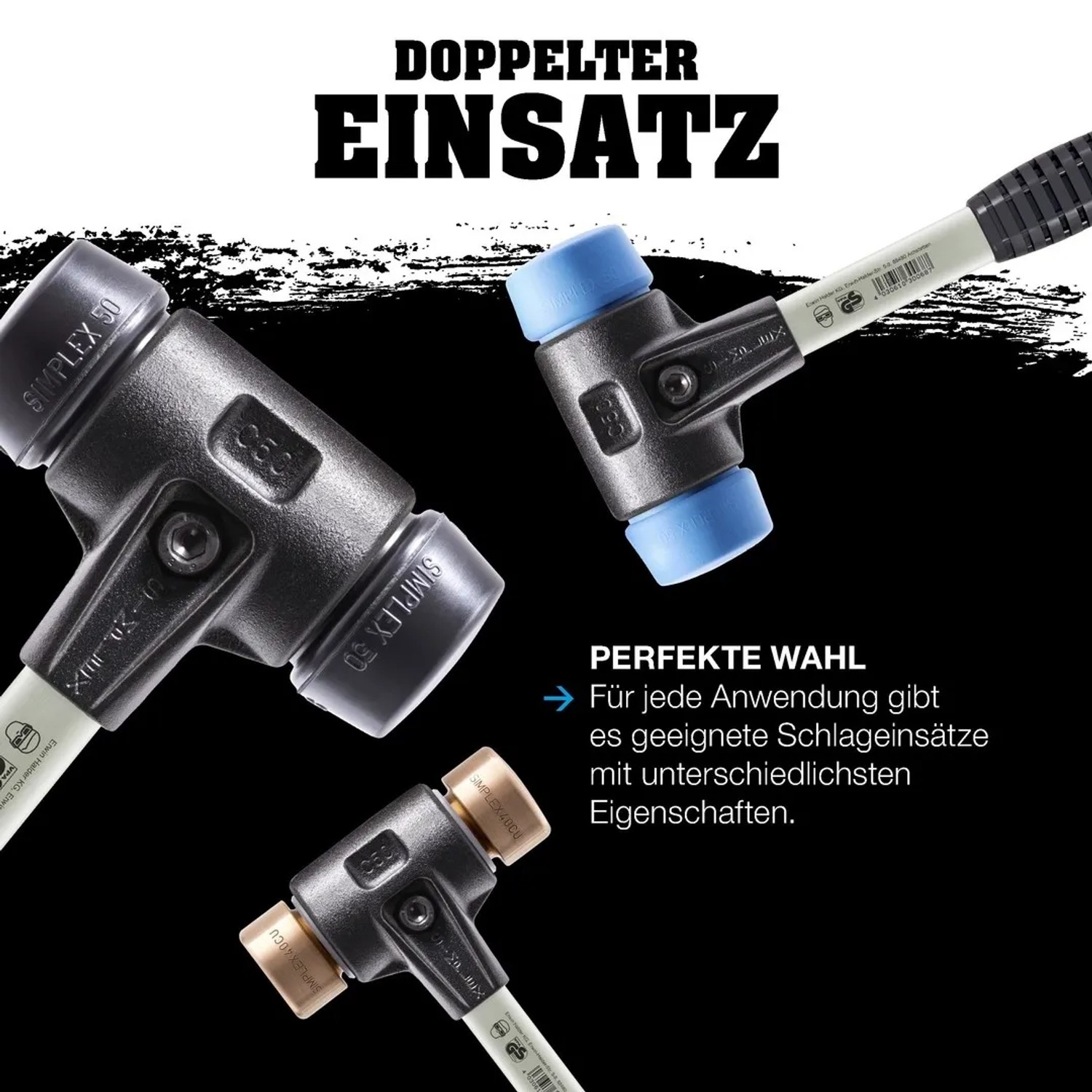Halder Simplex Schonhammer mit blauem TPE-soft Einsatz, verstärktem Gehäuse und Fiberglasstiel.