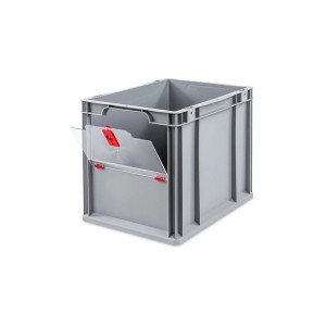 Graue PROREGAL Eurobox mit transparentem Deckel und roter Verriegelung, 30 Liter. Ideal zur Aufbewahrung.
