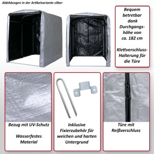 MCW Fahrradgarage N61, silberne Fahrradbox mit Reißverschlusstür und UV-Schutz.
