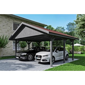 Satteldach-Carport Wallgau in Schiefergrau mit roten Dachschindeln für zwei PKW.