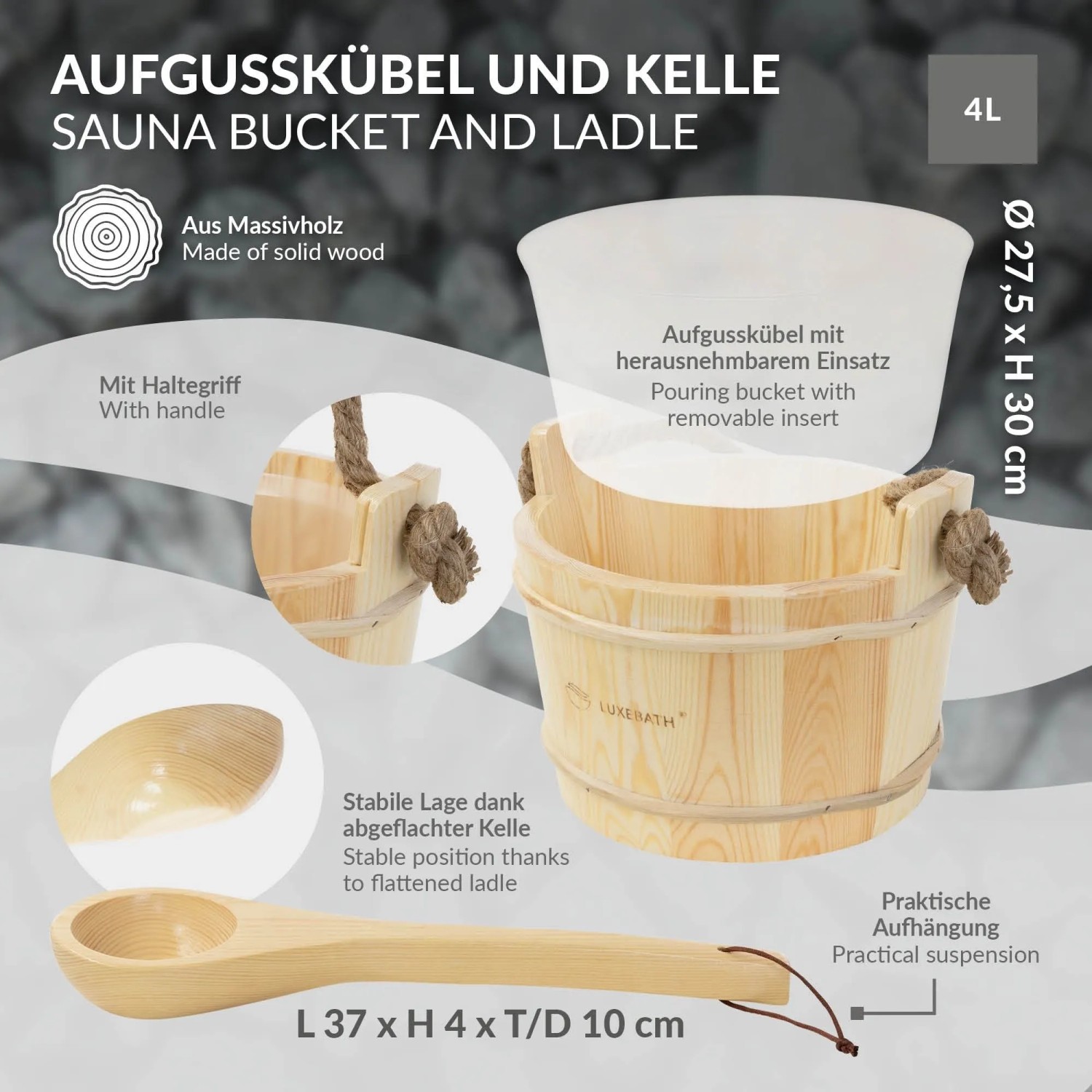 LuxeBath Saunazubehör Set 4 Teilig aus Holz Saunaeimer 4L Saunakelle Thermometer-Hygrometer Sanduhr_3