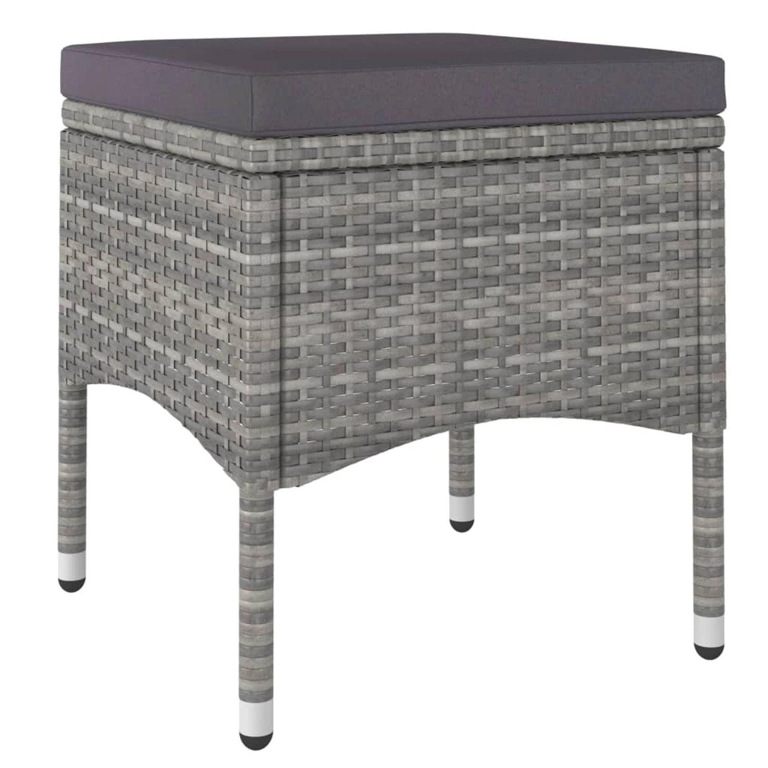 Grauer Gartenhocker aus Rattan mit dunklem Sitzkissen, Teil der vidaXL 5-tlg Essgruppe.