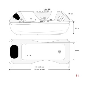 Skizze AcquaVapore Whirlpool Badewanne W49-TH-PR-SC 170x80 mit Maßangaben.