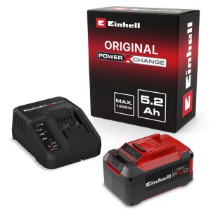 Einhell PXC-Starter-Kit mit rotem 5,2 Ah Akku und schwarzem Ladegerät für Elektrowerkzeuge.