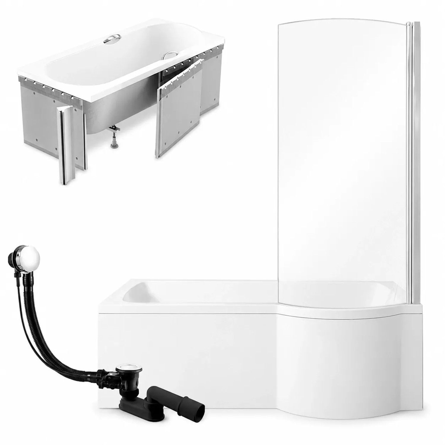KOLMAN Badewanne Rechteck 150 x 70 Cm Rechts Mit Styroporverkleidung Inkl. Ablauf Und Füße Mit Glasabtrennung