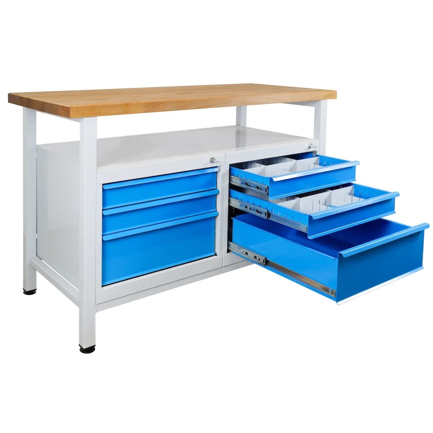 PROREGAL Werkbank Rhino mit Schubladen, Ablage und Buchenholzplatte, lichtgrau/lichtblau.
